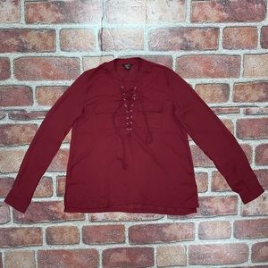 Pre-Owned Rue21 Red Burgundy Long Sleeve Blouse Lace Up Cleavage Size M Chic